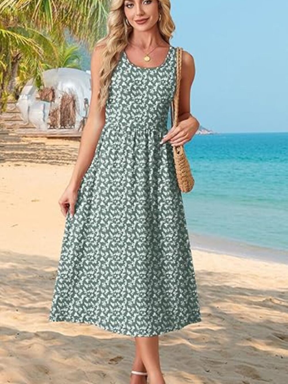 Summer Dresses for Women Flowy Casual Midi Dress Beach Vacation Sundresses with - Picture 3 of 5